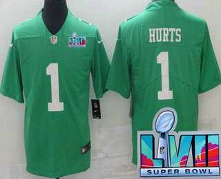 Mens Philadelphia Eagles #1 Jalen Hurts Limited Green Rush Super Bowl LVII Vapor Jersey
